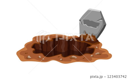 Cartoon image of broken tombstone and deep hole in brown earth Cartoon image of broken tombstone and deep hole in brown earth 123403742