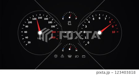 Speedometer and tachometer dashboard with fuel and temperature gauges 123403818