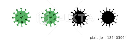 Green virus icon variations in pixel and silhouette style in a row 123403964