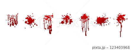 Red paint splatter marks with drips in varying heights and shapes on white background Red paint splatter marks with drips in varying heights and shapes on white background 123403968