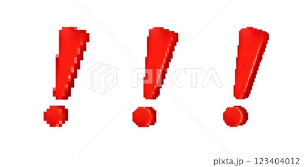 Pixelated red exclamation marks with glossy effect, bold digital punctuation 123404012