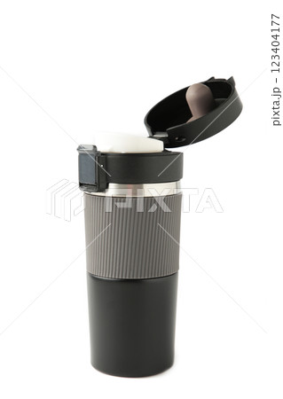 Black thermo mug isolated on white background Black thermo mug isolated on white background 123404177