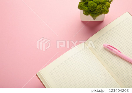 Open notebook on pink background. Business concept. 123404208