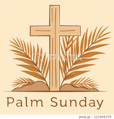 Palm Sunday. Christian cross in palm leaves. First day in Holy Week. Christian holiday. Vector illustration in earthy colors 123404279