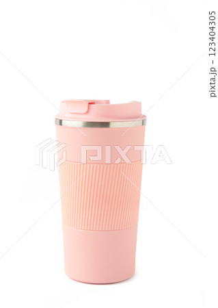 Pink thermo mug isolated on white background 123404305