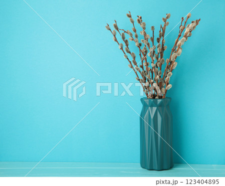 A vase with a willow on blue background. Easter, spring background with copyspace 123404895