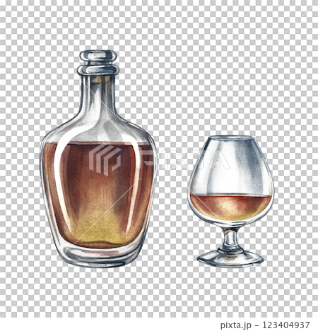 A bottle and a glass of cognac. Handmade watercolor illustration. A color image of an alcoholic beverage. Separate from the background. Perfect for menus, banners, flyers, packages, labels, invitation A bottle and a glass of cognac. Handmade watercolor illustration. A color image of an alcoholic beverage. Separate from the background. Perfect for menus, banners, flyers, packages, labels, invitation 123404937