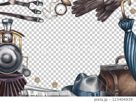 Vintage male traveler frame. Handmade watercolor illustration. A color image of a horizontal template depicting a train journey and men's accessories. For invitation and greeting cards, banners, flyer 123404939