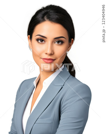 A young Hispanic woman with medium-length dark brown hair and a friendly expression, dressed in a white blouse and gray 123404946