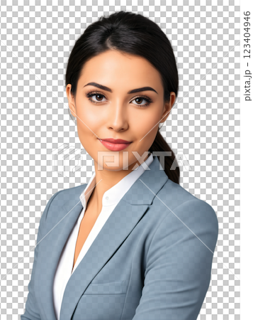 A young Hispanic woman with medium-length dark brown hair and a friendly expression, dressed in a white blouse and gray 123404946