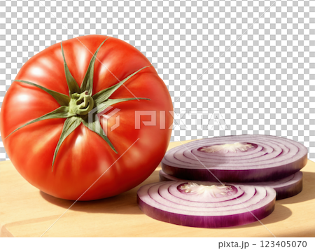 Close-up of fresh tomato slices with deep red color, showing their juicy, seeded interior, along with thinly sliced red onion 123405070
