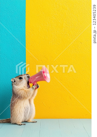 Groundhog screaming into megaphone. Banner with copy space for promotions and advertisement. Groundhog on the yellow and blue background symbolizes fun around Groundhog Day. 123405239
