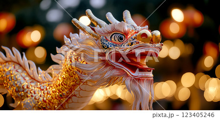 Majestic dragon sculpture symbolizes celebration and prosperity, perfect for businesses related to culture, events, or festivals. Captures the essence of Lunar New Year festivities with vibrant colors 123405246