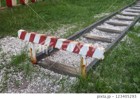 Childrens railway in the city. Sleepers and rails. Entertainment. Childrens railway in the city. Sleepers and rails. Entertainment. 123405293