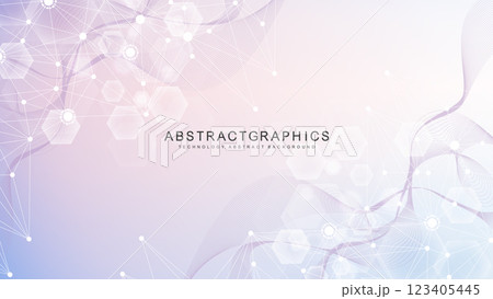 Modern scientific background with hexagons, lines and dots. Wave flow abstract background. Molecular structure for medical, technology, chemistry, science. Vector illustration 123405445