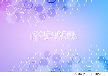 Modern scientific background with hexagons, lines and dots. Wave flow abstract background. Molecular structure for medical, technology, chemistry, science. Vector illustration Modern scientific background with hexagons, lines and dots. Wave flow abstract background. Molecular structure for medical, technology, chemistry, science. Vector illustration 123405467