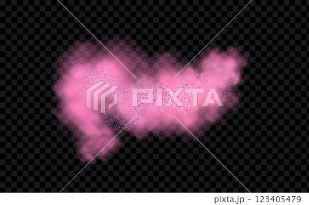 Pink powder dust with glittering shimmering swirls, shiny glitter design. Magical motion, sparkling lines on a black background. 123405479