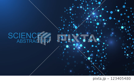 Modern abstract molecules structure for science or medical background. DNA helix or atom visualization. Molecular wave flow abstract background. Vector illustration 123405480