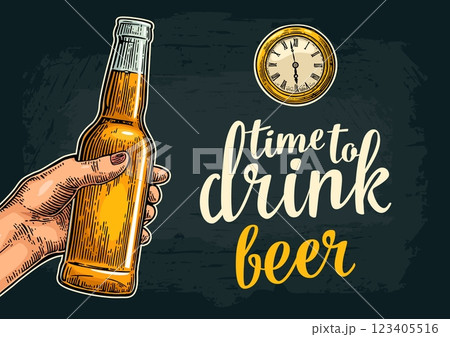 Female hand holding open beer bottles. Time to drink toast lettering. 123405516