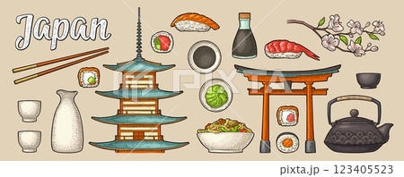 Set Japan. Fuji, pagoda, sushi, sakura. Vintage engraving 123405523