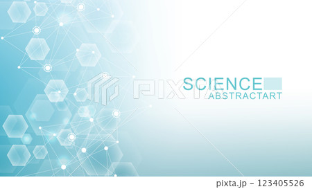 Modern abstract molecules structure for science or medical background. DNA helix or atom visualization. Molecular wave flow abstract background. Vector illustration 123405526