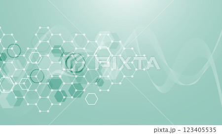 Modern scientific background with hexagons, lines and dots. Wave flow abstract background. Molecular structure for medical, technology, chemistry, science. Vector illustration 123405535