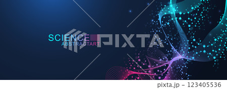 Modern abstract molecules structure for science or medical background. DNA helix or atom visualization. Molecular wave flow abstract background. Vector illustration 123405536