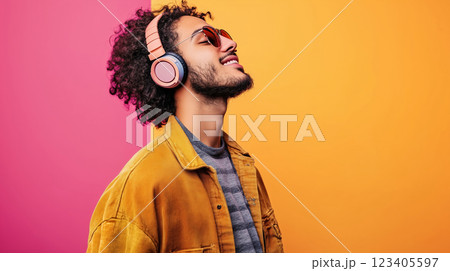 Happy young man smiles enjoying listening to music with headphones, modern cheerful guy laughing 123405597