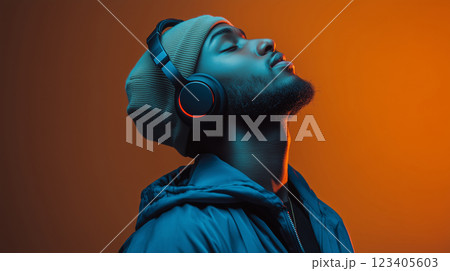 Stylish relaxed African young man enjoying listening to music with headphones, modern black guy 123405603