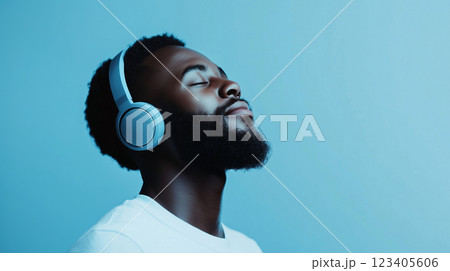 Stylish relaxed African young man enjoying listening to music with headphones, modern black guy 123405606