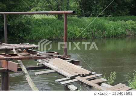 the banks of a small river are overgrown with grass and bushes. 123405692