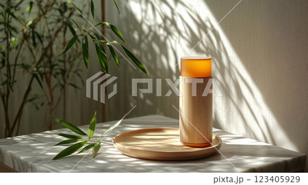 A cylindrical, small orange essential oil bottle with a single bamboo leaf. 123405929