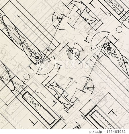 Mechanical engineering drawings on sepia background. Drill tools, borer. Technical Design. Cover. Blueprint. Vector illustration. Seamless pattern. 123405981