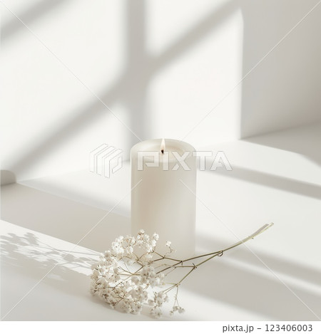 Candle and Flowers in Natural Light Setting 123406003