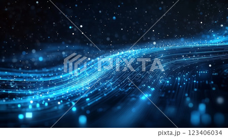 dark blue background, a white curved particle light trail, 123406034