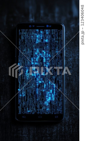 A Futuristic Smartphone Display that features a captivating Digital Matrix Effect showcasing advanced technologies 123406048