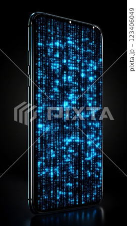 A Futuristic Smartphone Display that features a captivating Digital Matrix Effect showcasing advanced technologies 123406049