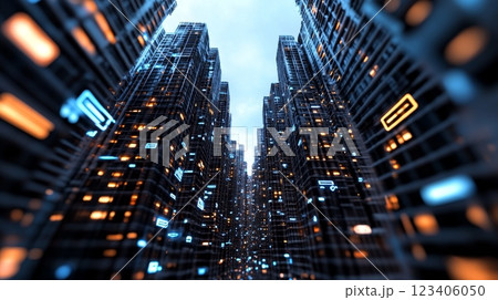 A captivating futuristic urban scene filled with vibrant neon lights shining brightly amidst towering skyscrapers 123406050