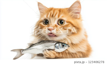 A cat with bright eyes, sitting upright while holding a shiny silver fish in its mouth. 123406278