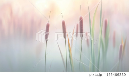 Cattails in the mist on an overcast lake at dawn, muted pastel colors. Cattails in the mist on an overcast lake at dawn, muted pastel colors. 123406280