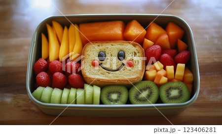 Childs lunch box featuring a fun arrangement of healthy foods, including a smiling sandwich.  Childs lunch box featuring a fun arrangement of healthy foods, including a smiling sandwich.  123406281