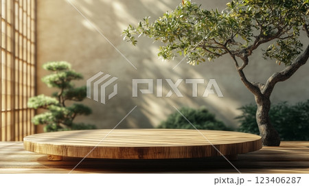 A bamboo podium for product display with an Asian background. 123406287