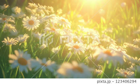 A daisy, with the sun shining brightly on it with a background of a green meadow.  123406294