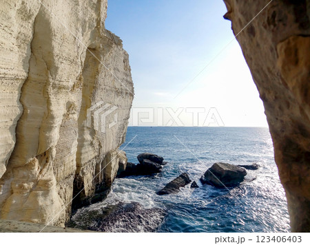 The Limestone caves and underground grottoes Rosh Hanikre in Israel 123406403