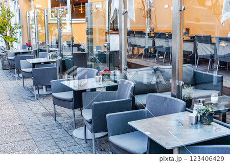 Summer restaurant on the city street. Outdoor cafe. Summer restaurant on the city street. Outdoor cafe. 123406429