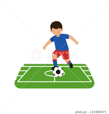 Young boy kicking a soccer ball on a green field vector art 123406473