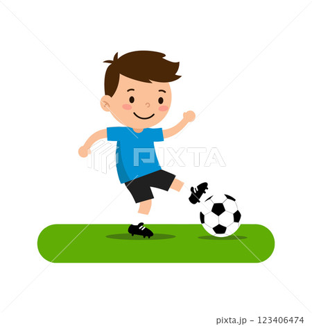 Young boy kicking a soccer ball in flat vector illustration 123406474
