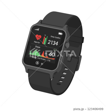 Smartwatch displaying health metrics in flat digital vector illustration 123406499