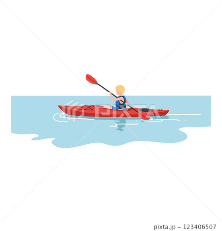 Kayaking adventure with a person paddling in a minimalist vector illustration Kayaking adventure with a person paddling in a minimalist vector illustration 123406507