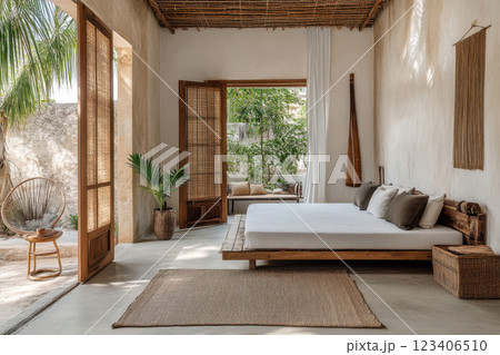 Cozy minimalist bedroom with rustic decor and natural light in tropical setting 123406510